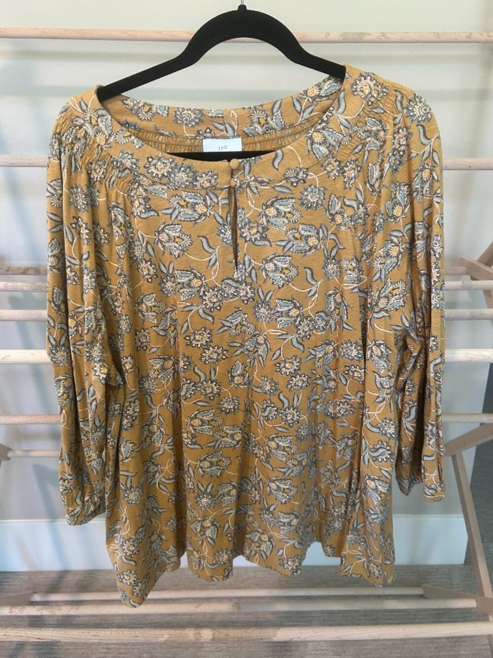 J. Jill Mustard Yellow Floral Smocked Keyhole Top XL